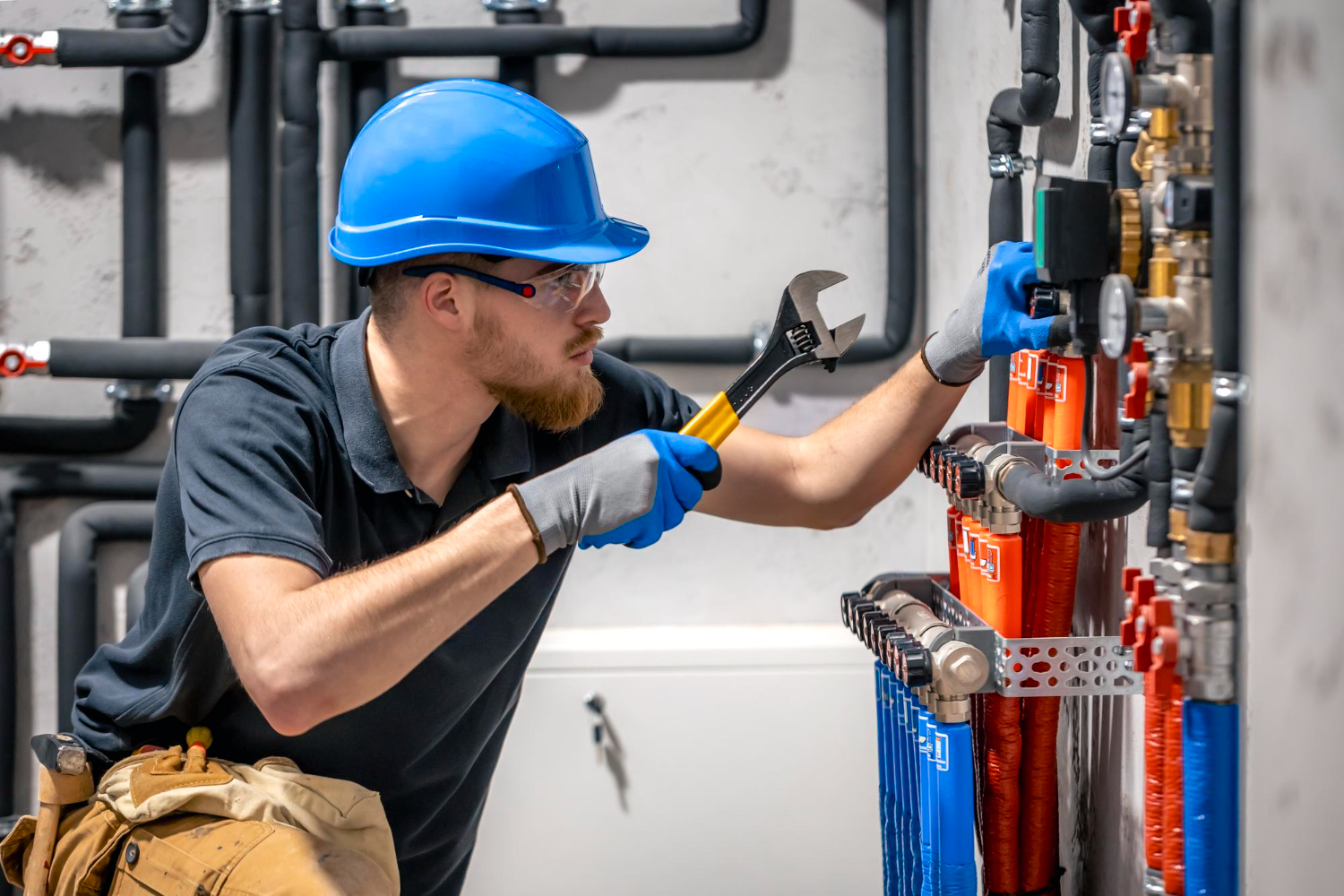 Technician checking commercial mechanical piping and controls