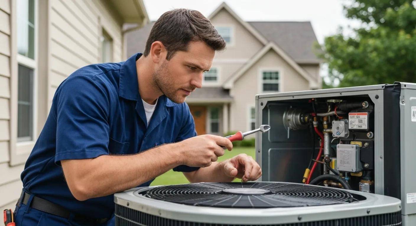 Technician diagnosing an outdoor residential HVAC unit