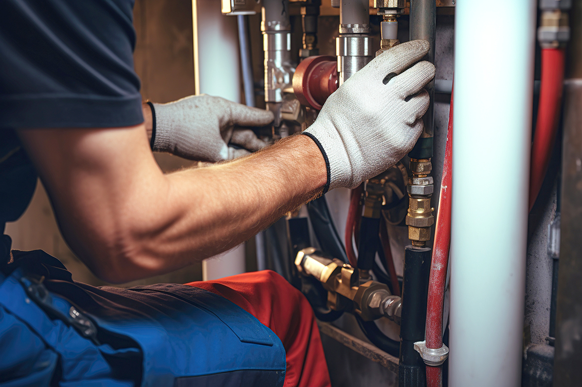 Technician inspecting residential heating equipment and piping
