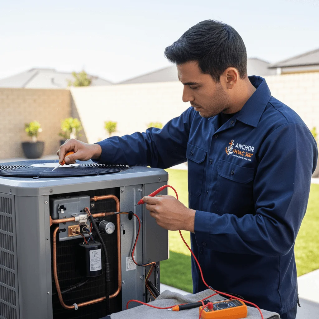Technician servicing an outdoor air conditioning condenser