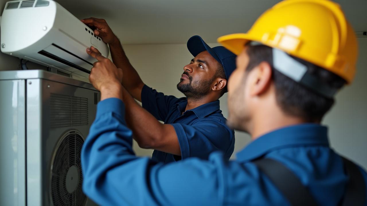 HVAC technicians inspecting indoor climate-control equipment