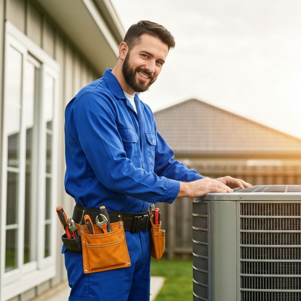 HVAC technician beside residential outdoor heating and cooling equipment
