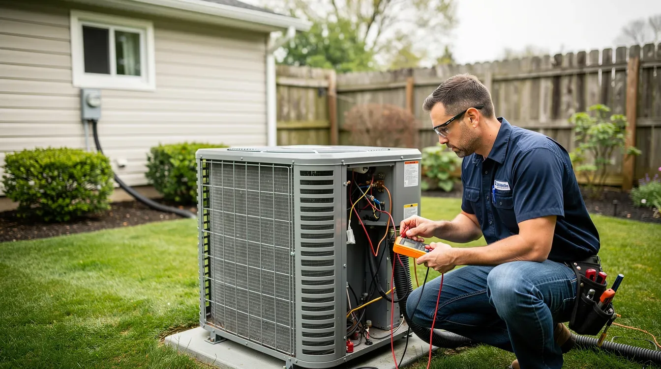 Technician repairing a residential outdoor HVAC condenser